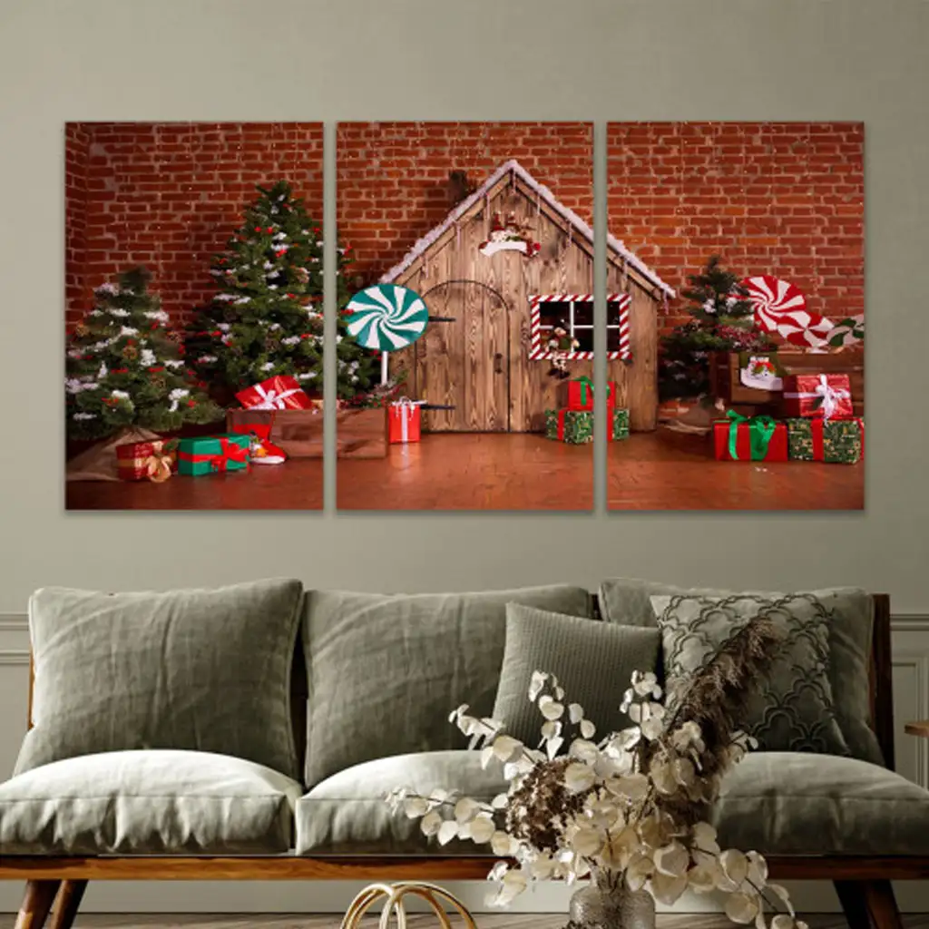 لوحة جدارية فنية لتزين الحائط بتصميم عيد الميلاد، ثلاث قطع ،مقاس ( 120X60cm)
