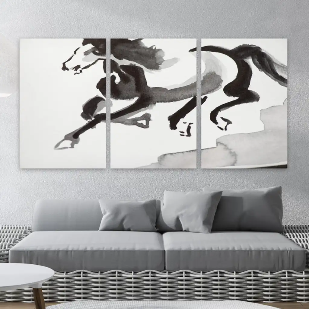 لوحة جدارية فنية لتزين الحائط بتصميم حصان ، ثلاث قطع ،مقاس ( 120X60cm)