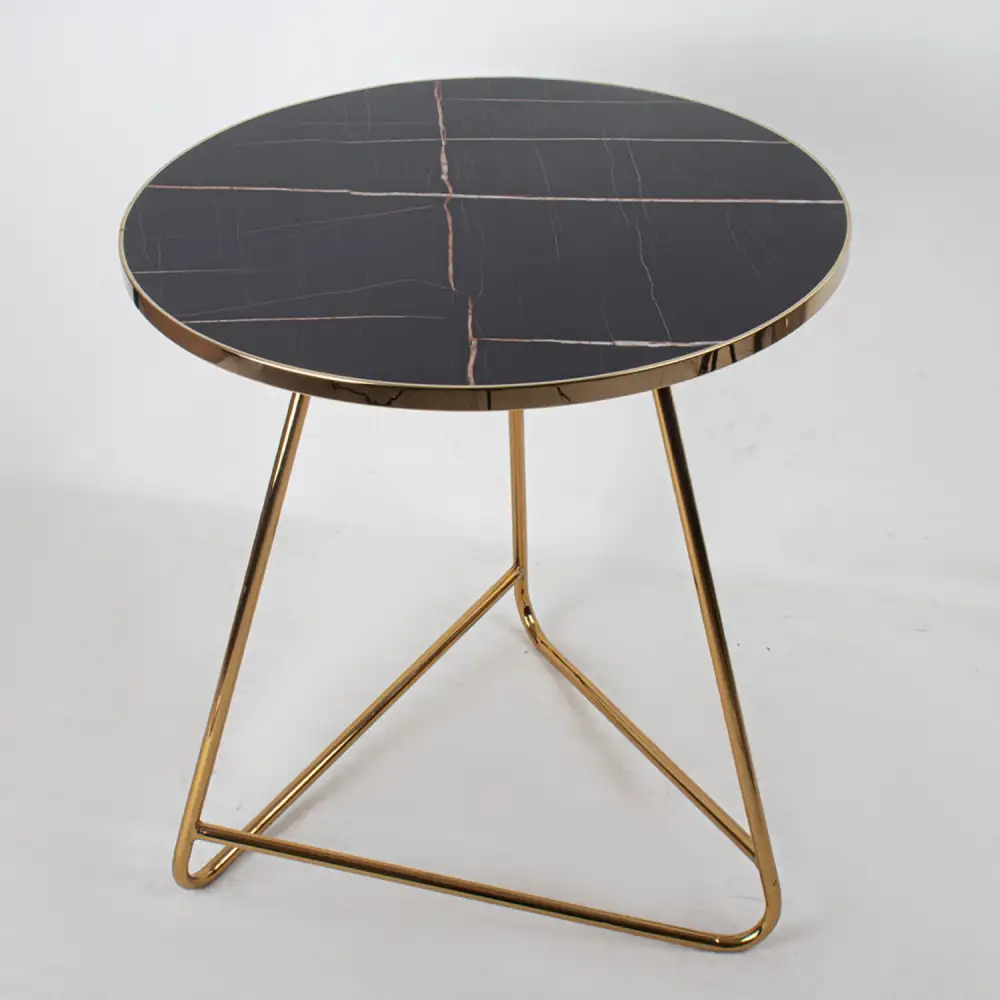 طاولة مفرد سطح خشب بشكل رخام اسود وقاعدة استيل