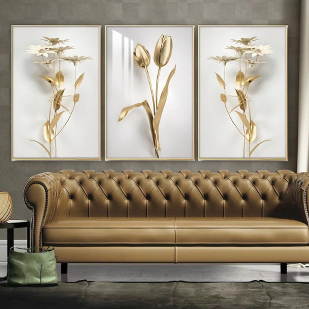 ثلاث لوحات جدارية مع برواز ذهبي واكريلك شفاف 120x60