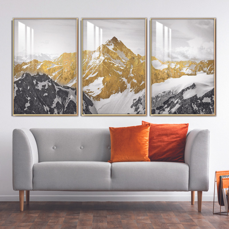 ثلاث لوحات جدارية مع برواز ذهبي واكريلك شفاف 150x70